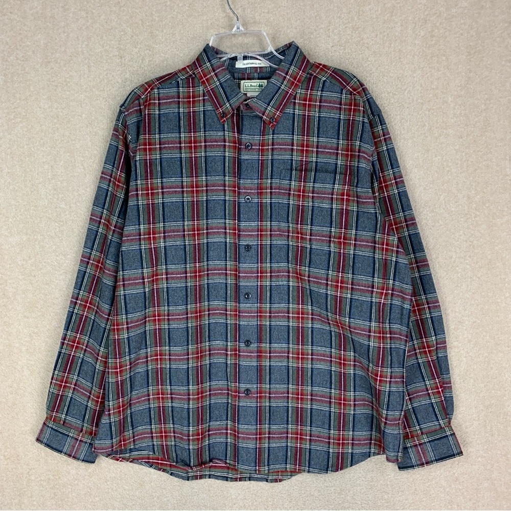 LL Bean Flannel Shirt Size Large Grey Stewart Men’s Long Sleeve Button Cotton